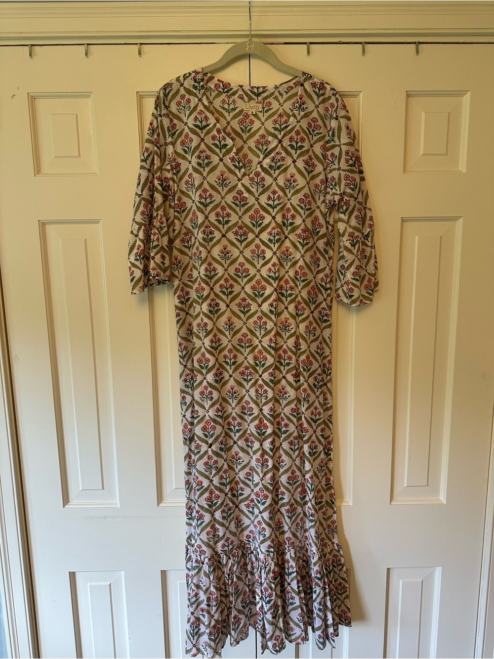LIVRO Cream Floral Midi Dress with Ruffle Hem